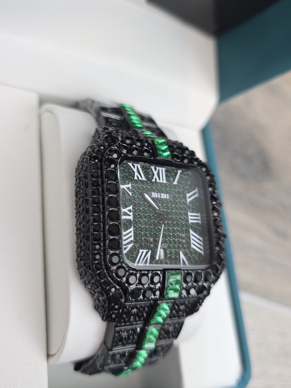 BiBi Black Watch with Green Stone Pavé Accents